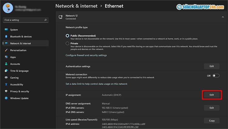 Thiết lập IP tĩnh cho máy tính: Chọn Edit bên cạnh IP assignment trên Windows 11