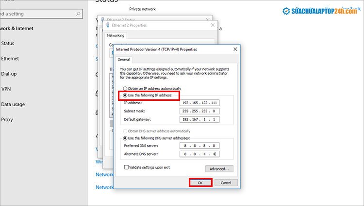 Thiết lập cài đặt IP tĩnh Win 10 như hình