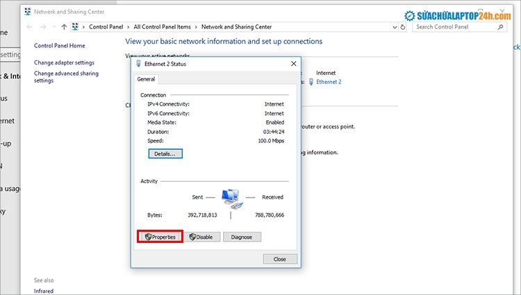 Chá»n Properties trong cửa sổ trạng thái để cài IP tĩnh cho máy tính Win 10