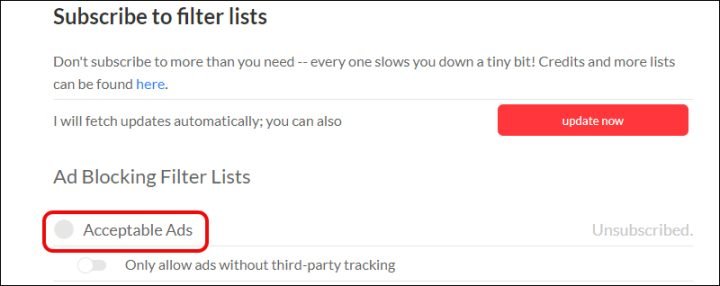 Bỏ tick tại mục Ad Blocking Filter Lists để chặn quảng cáo trên máy tính