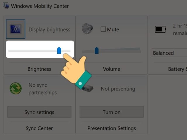 Thanh trượt Display Brightness trong Mobility Center để chỉnh độ sáng