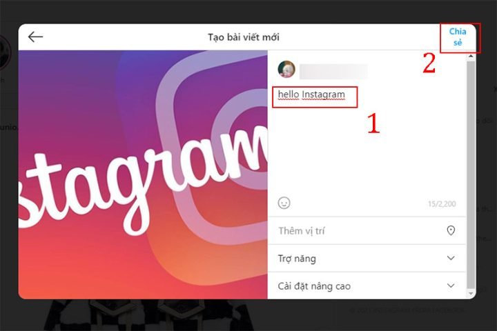 Nhấn Chia sẻ để cập nhật instagram trên máy tính