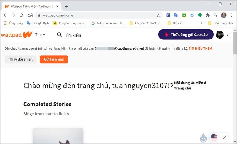 Giao diện trang chủ Wattpad sau khi đăng nhập thành công trên máy tính