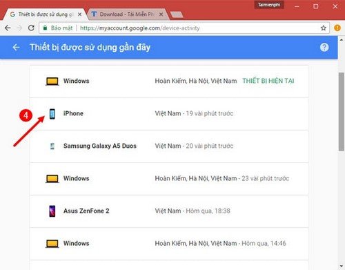 Chọn thiết bị cần đăng xuất tài khoản Google từ xa