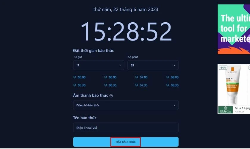 Giao diện Online Alarm Kur để đặt báo thức trên máy tính Win 10
