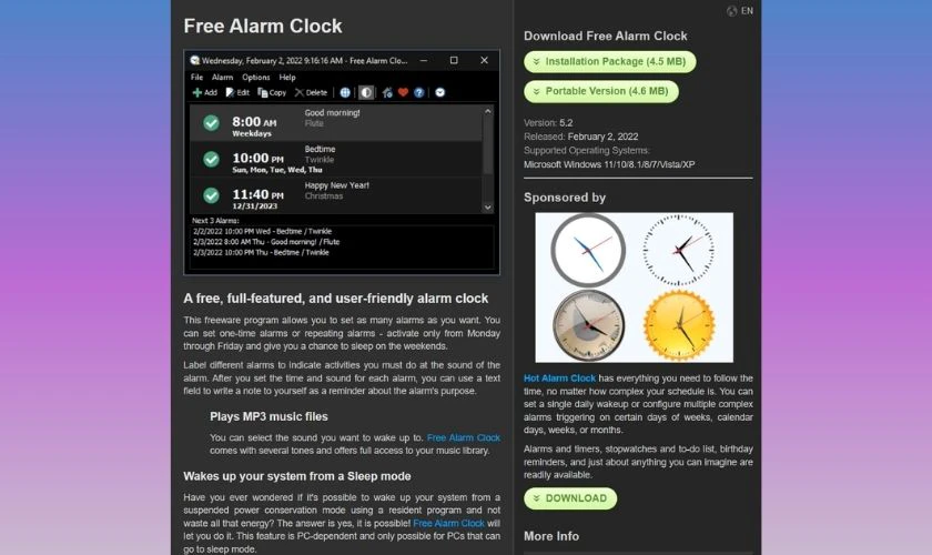Giao diện chính của Free Alarm Clock để đặt báo thức trên máy tính Win 10