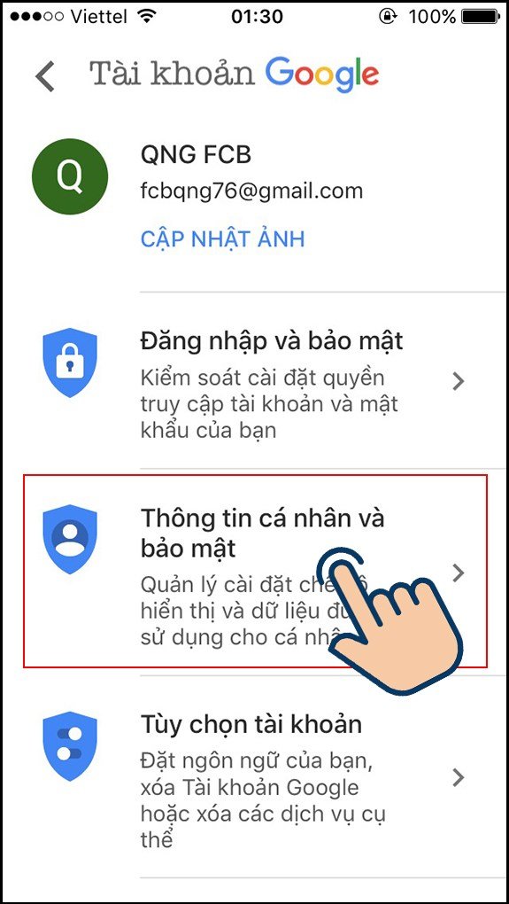Truy cập Thông tin cá nhân và bảo mật để đổi tên hiển thị Gmail