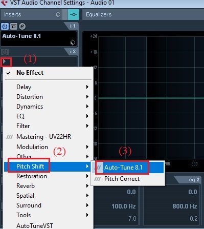 Chọn Pitch Shift và Auto-Tune 8.1 từ danh sách plugin trong Cubase