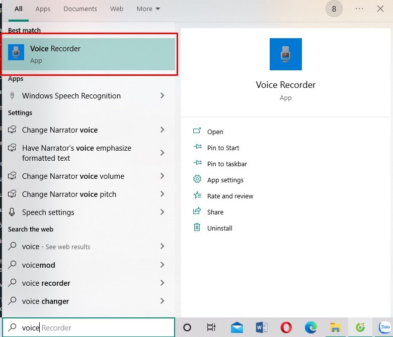 Mở công cụ Voice Recorder trên máy tính để ghi âm cuộc gọi Zalo