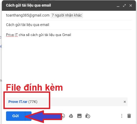 Hộp thư Gmail đã đính kèm file nén, sẵn sàng để gửi đi
