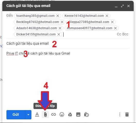 Cửa sổ soạn email trên Gmail với các trường người nhận, chủ đề, nội dung và nút đính kèm file