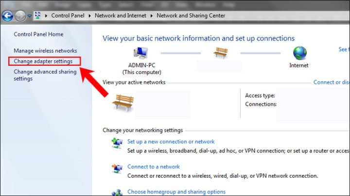 Chọn Change adapter settings trên Windows 7