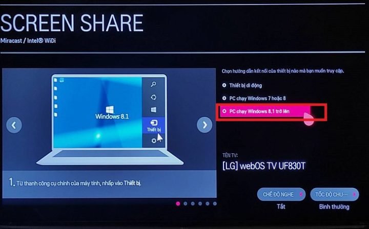 Lựa chọn phiên bản hệ điều hành Windows tương ứng trên tivi LG để kết nối