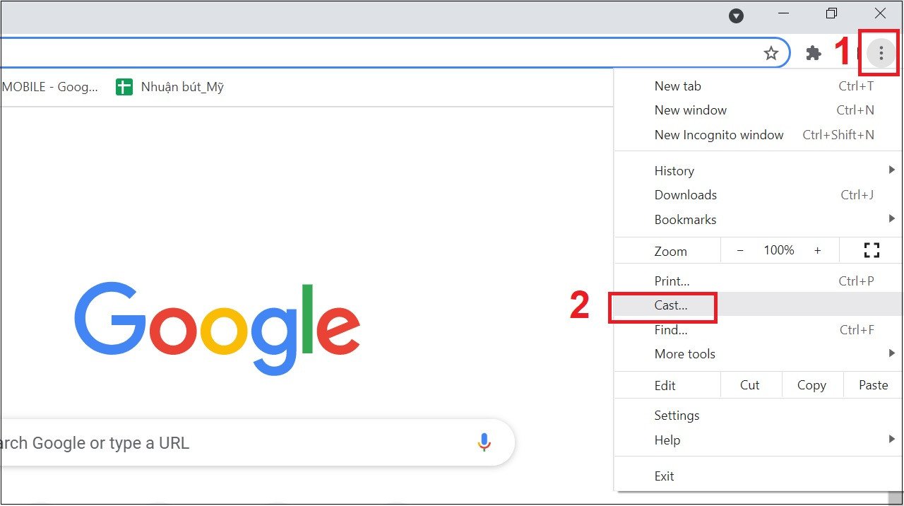 Cách kết nối máy tính với tivi TCL qua Chromecast: Chọn Cast trong trình duyệt Chrome