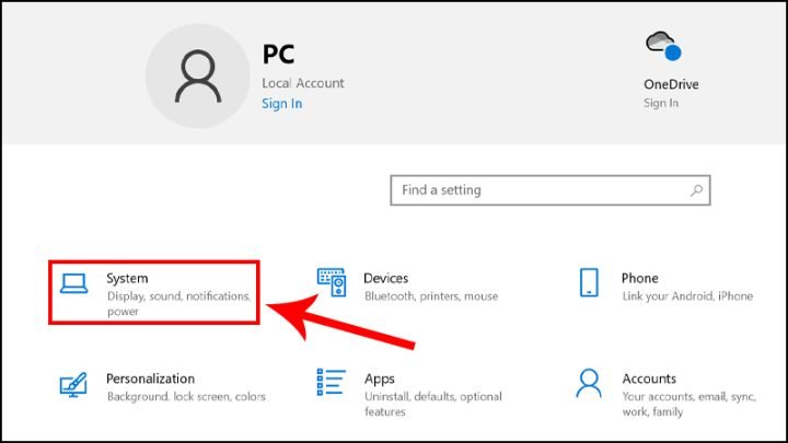 Chọn System trong cài đặt Windows