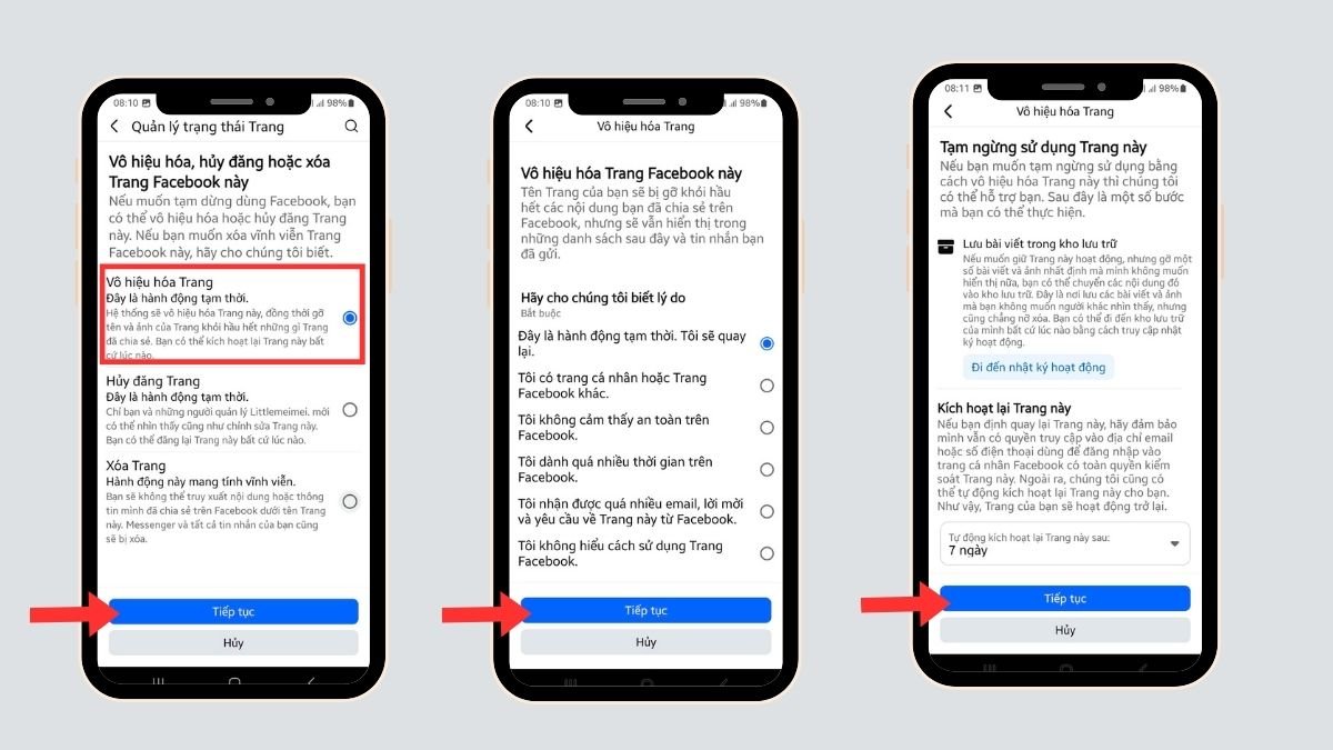 Cách khóa Facebook tạm thời trên điện thoại: Chọn vô hiệu hóa Trang