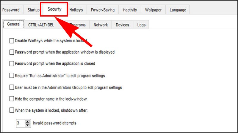Tab Security trong Smart PC Locker Pro với các tùy chọn bảo mật nâng cao
