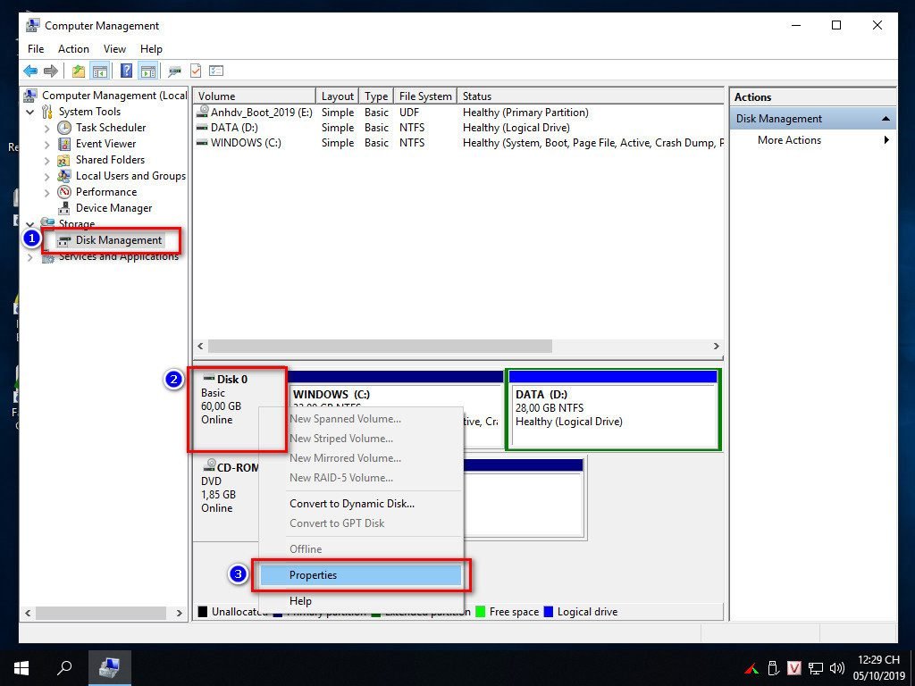 Truy cập Disk Management để xác định chuẩn UEFI trên máy tính