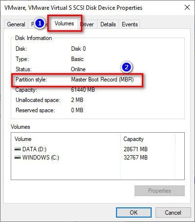 Chọn Disk Management và Properties để xem chuẩn ổ đĩa