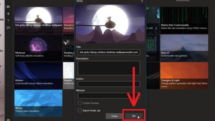 Chọn tệp video từ máy tính của bạn trong Lively Wallpaper để cài đặt hình nền máy tính video