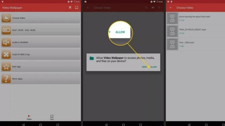 Chọn video và cấp quyền truy cập trong ứng dụng Video Live Wallpaper trên Android để tạo hình nền động điện thoại