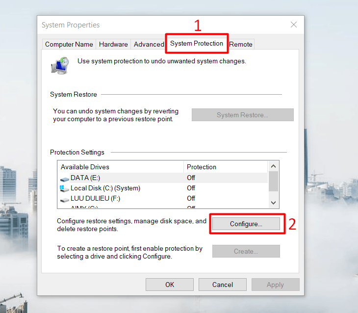 Chọn System Protection Configure
