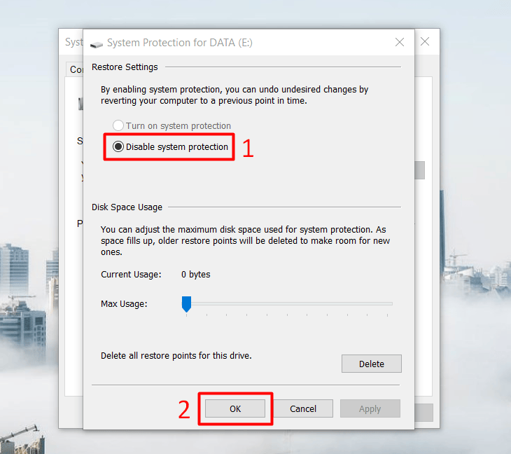 Chọn Disable system protection
