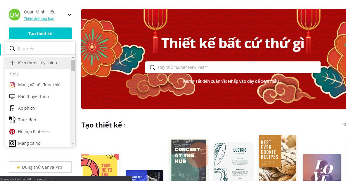 Chọn Tạo thiết kế và kích thước phù hợp để làm mờ ảnh trên máy tính bằng Canva