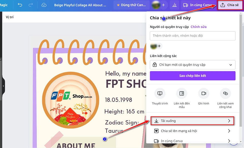 Giao diện lưu và chia sẻ poster đã thiết kế trên Canva từ máy tính.