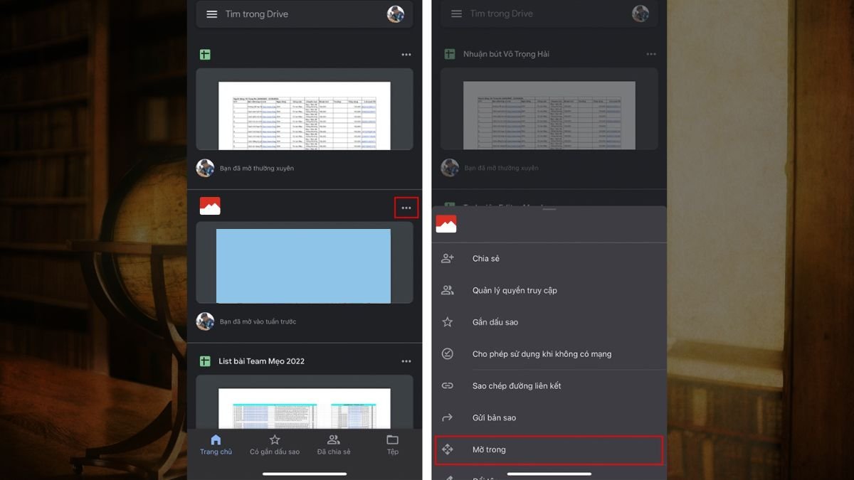 Mở ảnh trên Google Drive và chọn 'Mở trong' để lưu về iPhone