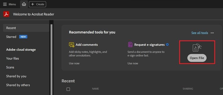 Cách mở file PDF trên máy tính từ giao diện chính của Adobe Reader