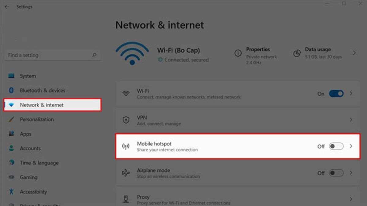 Cách phát wifi từ máy tính Win 11 bước 1