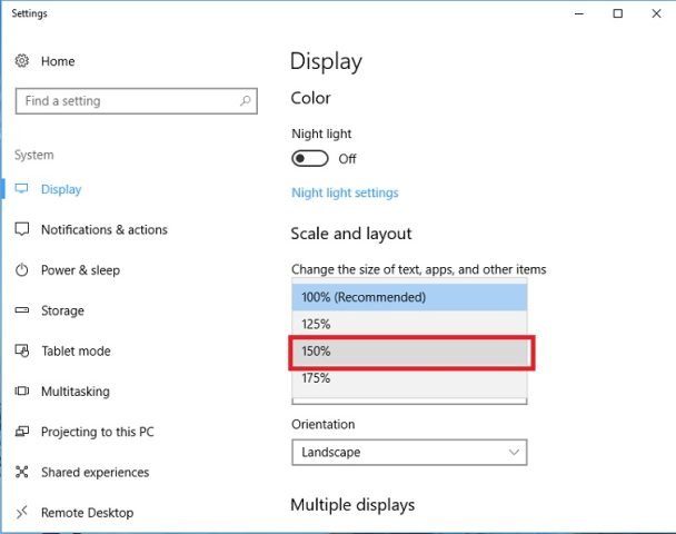 Chọn tỷ lệ phần trăm để phóng to màn hình máy tính Win 10 (ví dụ 150%)