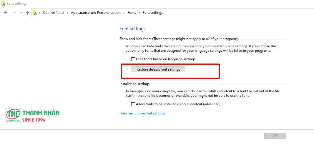 Xác nhận khôi phục cài đặt font chữ mặc định trên máy tính Windows 10