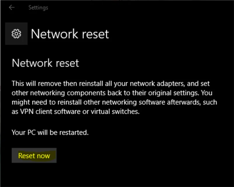 Ảnh chụp màn hình hộp thoại xác nhận Reset now trên Windows 10