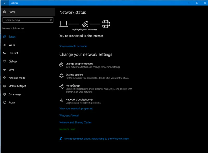 Chọn Network reset trong Network & Internet Status trên Windows 10