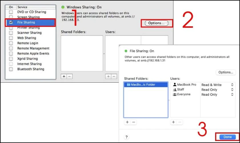 Kích hoạt File Sharing và cấu hình chia sẻ trên MacBook