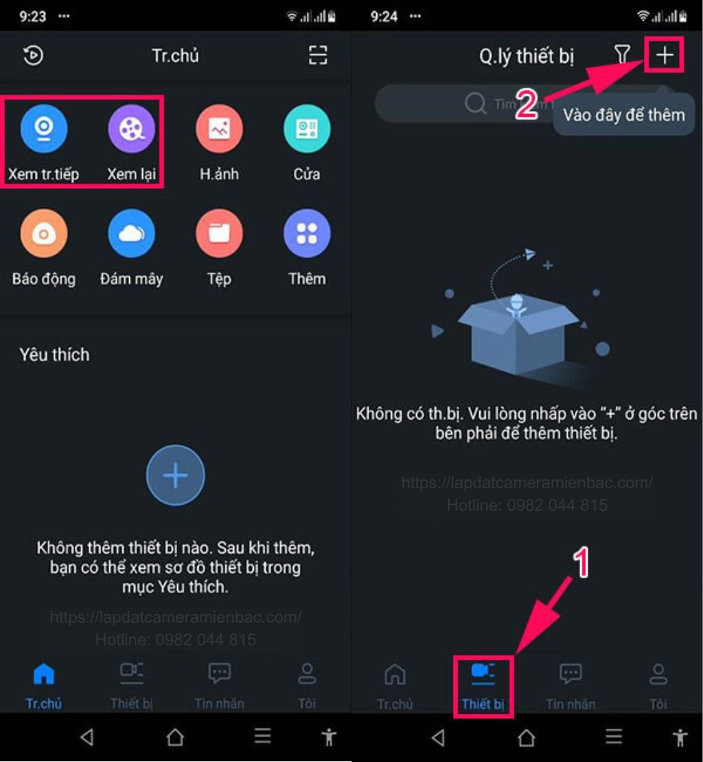 Chọn Thiết bị và dấu + để thêm camera Dahua