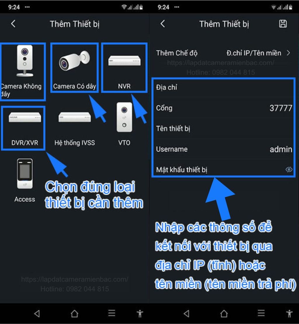 Điền thông số IP/Tên miền để kết nối camera