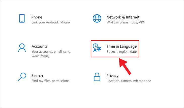 Chọn dòng Time & Language