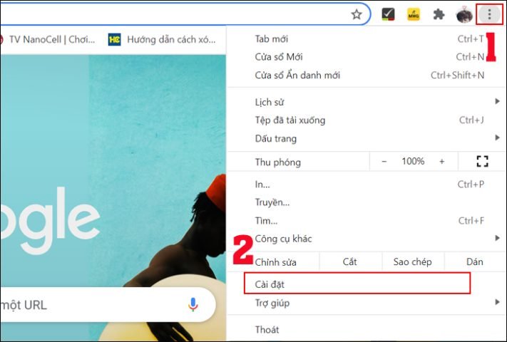 Trên thanh công cụ Google Chrome => chọn vào biểu tượng dấu 3 chấm ở góc trên bên phải => ấn chọn Cài đặt