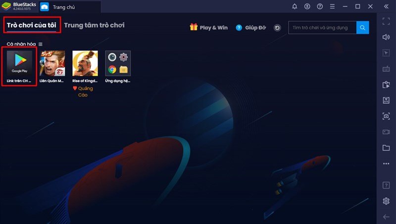 Màn hình chính của BlueStacks, chọn biểu tượng Google Play Store để tải Liên Minh Tốc Chiến