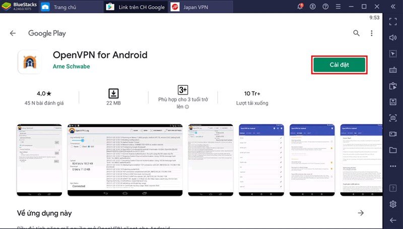 Màn hình cài đặt OpenVPN for Android trong Google Play Store trên giả lập BlueStacks