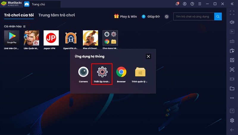 Từ màn hình chính BlueStacks, chọn 'Ứng dụng hệ thống' để vào cài đặt Android