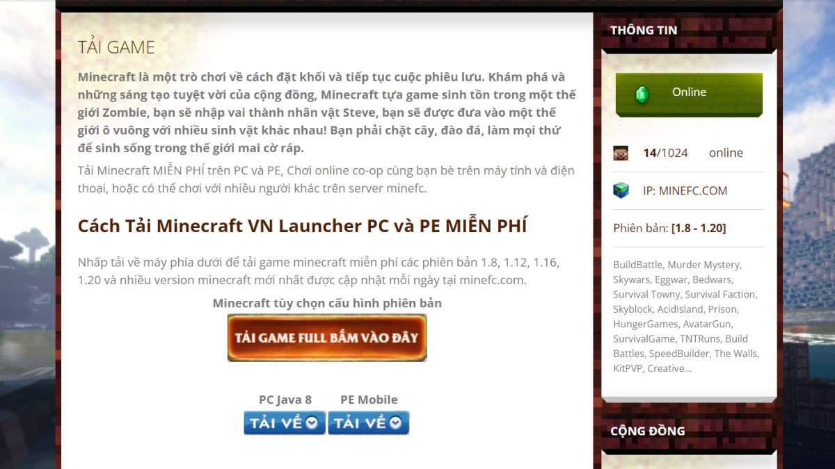 Hướng dẫn cách tải Minecraft trên máy tính miễn phí qua MineFC: Bước 1