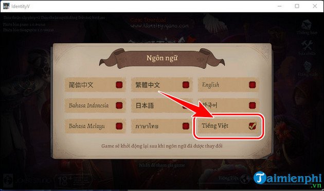 Xác nhận lựa chọn tiếng Việt cho Identity V cho PC
