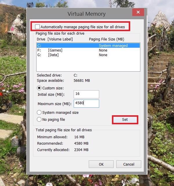 Ảnh chụp màn hình hộp thoại Performance Options và tab Advanced, chuẩn bị cho việc tăng gb cho máy tính Win 7.