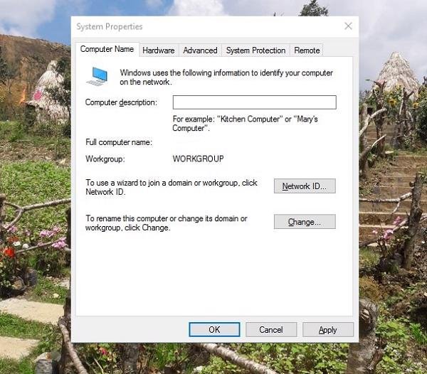 Ảnh chụp màn hình hộp thoại System Properties trên Windows 10, cách mở để tăng gb cho máy tính Win 10.