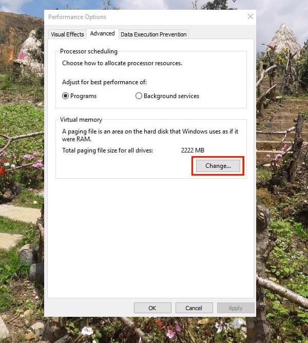 Ảnh chụp màn hình hộp thoại Performance Options trên Windows 10, dẫn đến cài đặt bộ nhớ ảo để tăng gb cho máy tính Win 10.