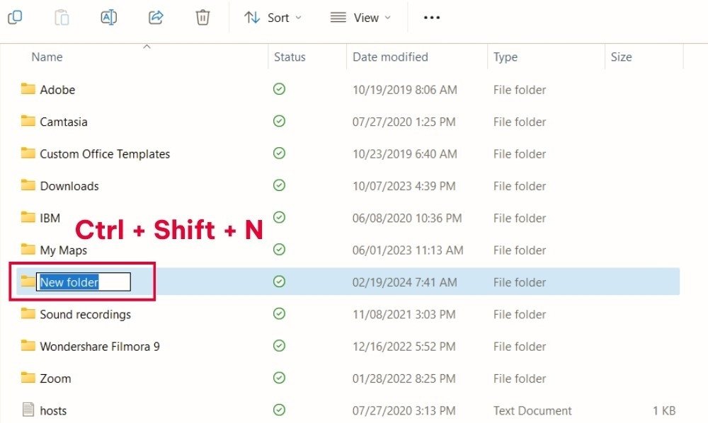 Cách tạo file trên máy tính bằng phím tắt Ctrl + Shift + N